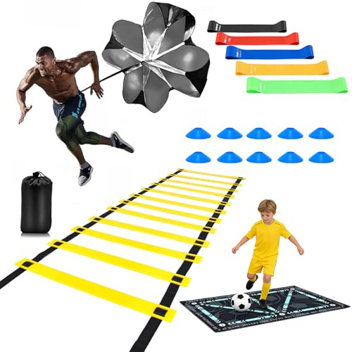Eirolace Kit Entrenamiento Fútbol Niños, Set Completo con Escalera Agilidad 6m, 10 Conos, Alfombra Entrenamiento, Bandas Resistencia, Paracaídas y Piquetas, Mejora Agilidad, Velocidad y Coordinación