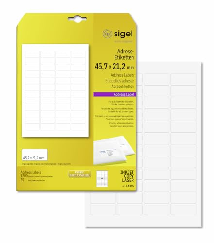 SIGEL LA315 abgerundete Adress-Etiketten selbstklebend, bedruckbar, weiß, 45,7 x 21,2 mm, 1200 Etiketten = 25 Blatt