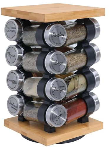 Orii 16 Jar Rotating Bamboo Spice Rack with Spices Included & 5-Year Spice Refill Program – Compact Countertop Spice Rack with Glass Jars