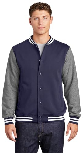 SPORT-TEK Unisex Fleece Letterman Jacket, True Navy/Vintage Heather, X-Small