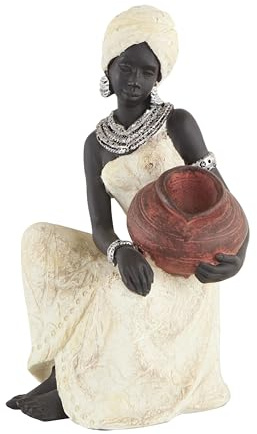 Deco 79 Polystone Woman Decorative Sculpture Sitting African Home Decor Statue with Red Water Pot, Accent Figurine 6 x 6 x 10, Cream