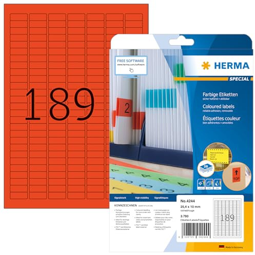 HERMA 4244 Farbige Etiketten rot ablösbar, 20 Blatt, 25,4 x 10 mm, 189 pro A4 Bogen, 3780 Stück, selbstklebend, bedruckbar, matt, blanko Papier Farbetiketten Aufkleber