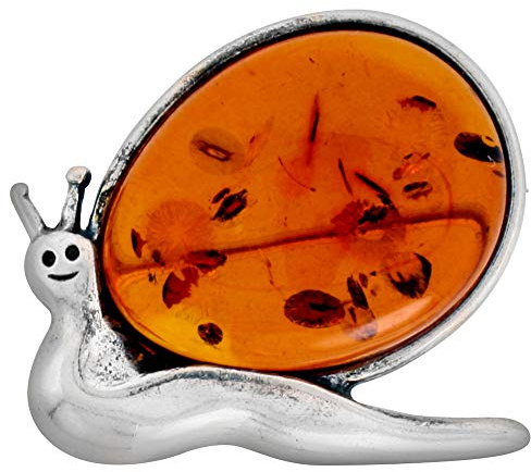 Sterling Silver Baltic Amber Snail Brooch Pin for Women Antiqued Finish Approx. 1 1/4 inch Wide