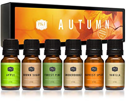 P&J Fragrance Oil Autumn Set | Brown Sugar, Apple, Harvest Spice, Vanilla, Forest Pine, and Snickerdoodle Candle Scents for Candle Making, Freshie, Soap Making Supplies, Diffuser Oil Scents