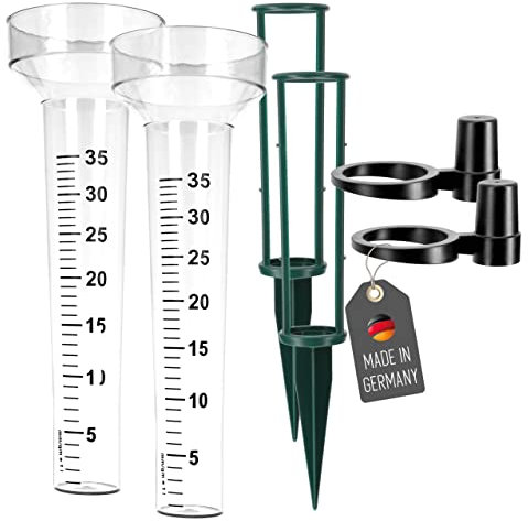 Lantelme 2 Stück Regenmesser mit Erdspieß und Halter im Set 24cm | Behälter für Regenwassermessung Gartenbewässerung | Niederschlagsmesser Kunststoff Glas Wetterfest stabil für Garten Außenbereich