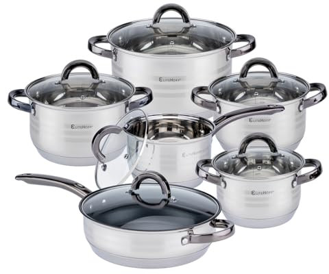 EliteHoff Topfset Induktion, Kochtopf Set mit Glasdeckel, 7-lagiger Edelstahl Topf und Pfannenset mit Deckel, Griffe in Schwarz, Kochgeschirr Set für alle Herdarten (12-teilig)