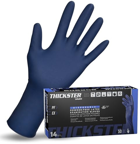 Thickster Powder-Free Exam Grade Latex Disposable Gloves. Size Large. Blue, 14 mil Thickness, 12 Length. Fully Textured for Superior Grip. Single Use. Pack of 50. (6603-20)