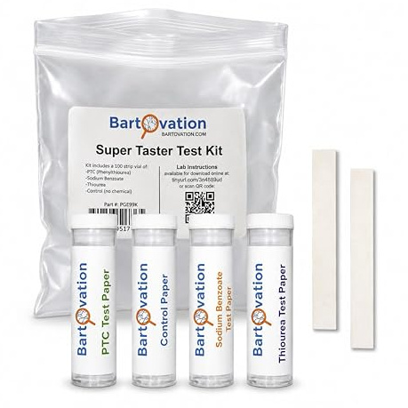 Bartovation Super Taster Test Genetics Lab Kit med instruktioner, fenyltiourea (PTC), natriumbensoat [varje flaska innehåller 100 pappersremsor]