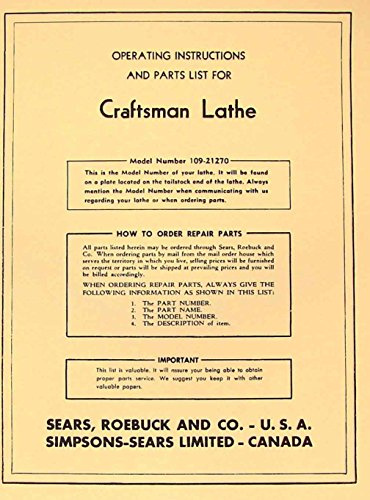 CRAFTSMAN-Dunlap 6 Metal Lathe 109.21270 Operator & Part Manual