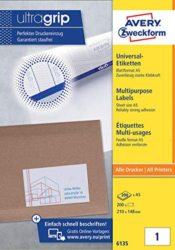 AVERY Zweckform 6135 Universal Etiketten (200 Klebeetiketten, 210x148mm auf A5, Papier matt, bedruckbare Versandetiketten, selbstklebende Versandaufkleber mit ultragrip) 200 Blatt, weiß