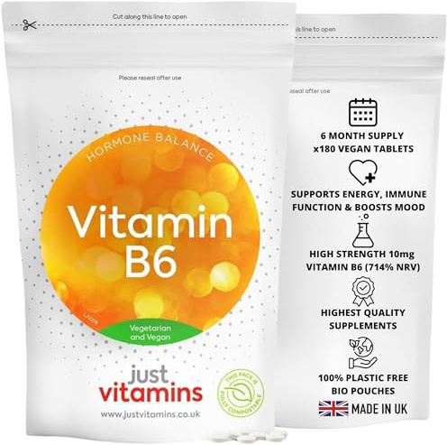 Vitamin B6 High Strength 10mg | 180 Vegan Tablets | Supports Nervous System & Hormonal Balance, Boosts Energy, Reduces Fatigue | Non-GMO, No Artificial Additives | Premium UK Made - Just Vitamins