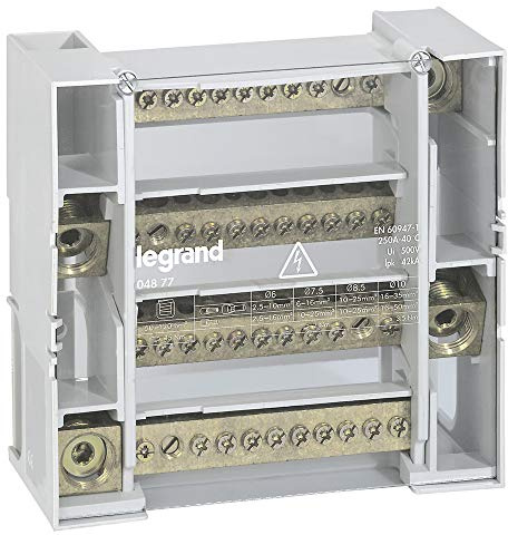 Legrand 004877 Répartiteur Modulaire Monobloc Tétrapolaire à Bornes, 12 Connexions par Barreau, 250A, 9 Modules, Gris Clair