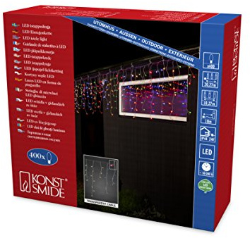 Konstsmide 3673-503 LED isregn ljusgardin med färgglada glober/för utomhusbruk (IP44)/24 V utomhus transformator, 400 färgglada dioder, transparent kabel
