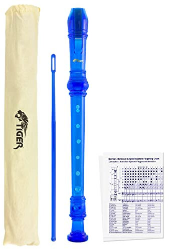 TIGER REC7-BL Diskant/Sopran Schulblockflöte mit Tasche, Flötenputzer und Grifftabelle, Englische/Barocke Griffweise - Blau