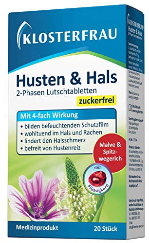 Klosterfrau Husten und Hals | 20 Stück | 2-Phasen Lutschtabletten | zuckerfrei | mit 4-fach Wirkung | lindert Halsschmerz | befreit von Hustenreiz