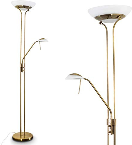 LED-golvlampa biot, modern golvlampa av metall i gammal mässing, 18 och 5 watt, 1 620 och 450 lumen, ljusfärg 3 000 Kelvin, golvlampa med dimmer och justerbar läarm, med fotbrytare på kabeln