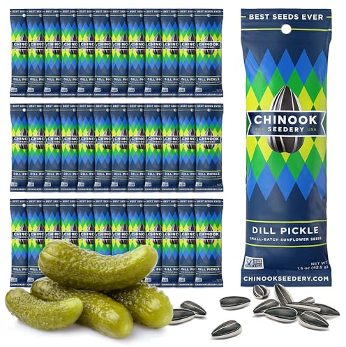 Chinook Seedery Low Sodium Sunflower Seeds – Dill Pickle Flavor, Pack of 36, 1.5oz – Sunflower Seeds to Eat – Keto, Jumbo, Roasted, Baseball Snacks