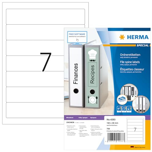 HERMA 4283 mappetiketter A4 ogenomskinlig, kort/smal (192 x 38 mm, 100 ark, papper, matt) självhäftande, utskrivbara, permanenta mappa ryggetiketter, 700 filetiketter, vit
