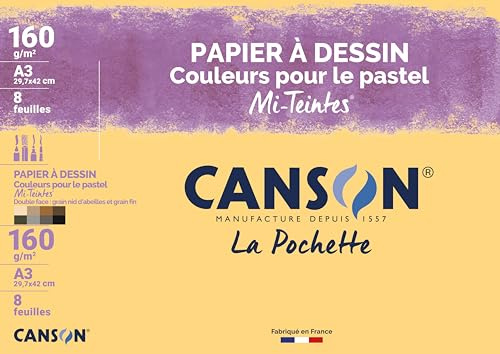 CANSON Mi-Teintes - Pochette 8 feuilles de papier dessin A3 - 160g/m² couleurs spécial pastellistes