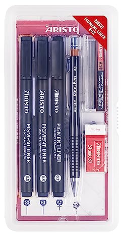 Aristo AR80087 Pigmentliner 6-teiliges Schul-Set (3 Pigmentliner 0,30 / 0,50 / 0,70 mm, 1 Druckbleistift Geo-Pen 0,5 mm inkl. 12 Ersatzminen, 1 Radiergummi) schwarz
