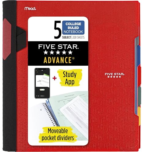Five Star Spiral Notebook + Study App, 5 Subject, College Ruled Paper, Advance Notebook with Spiral Guard, Movable Tabbed Dividers and Expanding Pockets, 8-1/2 x 11, 200 Sheets, Red (73146)