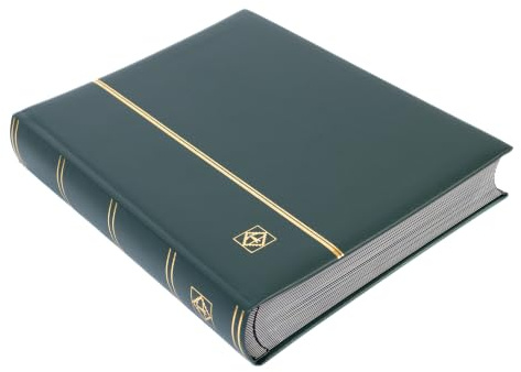 LIGHTHOUSE – “PREMIUM” Bonded Leather Cover Stockbook for Stamps - 64 Black Cardstock A4 Pages with Clear Strips and Double Linen Hinges - Green