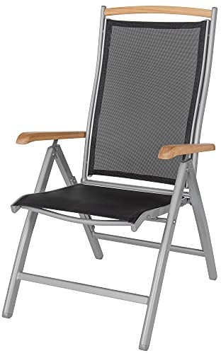 ib style Gartenstuhl Diplomat - Klappstuhl, Hochlehner, aus Aluminium mit Teakholz Armlehnen, 7-Fach verstellbar, Rostfrei, Vormontiert, 150 kg belastbar, Schwarz