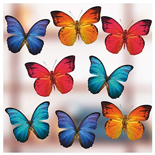 8 x Large Butterfly Window Stickers for Glass Decorations - Beautiful Double Sided Static Cling Decals - Anti Collision Bird Strike Stickers