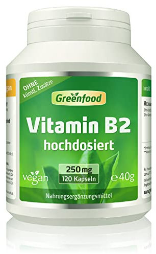 Vitamin B2, hochdosiert, 250mg - 120 Kapseln, vegan. Riboflavin – unterstützt Energiestoffwechsel, Sehkraft, Haut & Nerven. OHNE künstliche Zusätze - laborgeprüft. Von Greenfood.