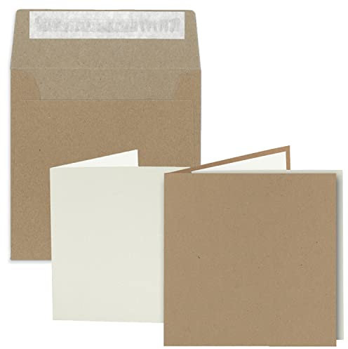 25x Quadratisches Faltkarten Set aus Kraftpapier - 150 x 150 mm - Doppel-Karten & Briefumschläge & Einlegeblätter - braun öko - Recycling-Naturpapier nachhaltig