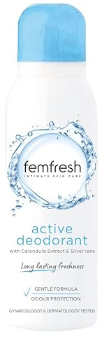 Femfresh Active Intimate Deodorant, Gentle Vaginal Odour Protection Spray for Women, Long-Lasting Freshness, Hypoallergenic,125 ml