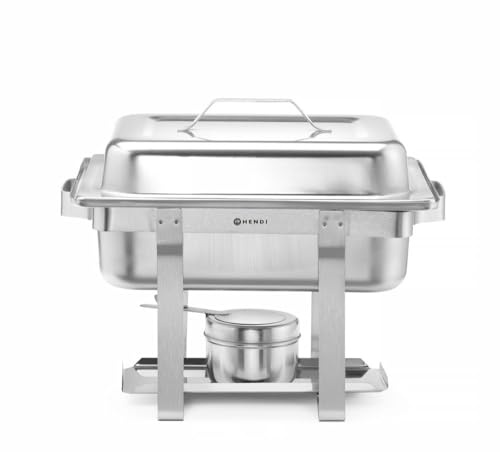 HENDI Chafing Dish 1/2, Gastronorm, mit hochglanzpoliertem, einsteckbarem Deckel. Inkl. Brennpastenbehältern, einer GN 1/1 Lebensmittelpfanne 65 mm, 4,5L, 385x295x(H)310mm, Edelstahl 18/0