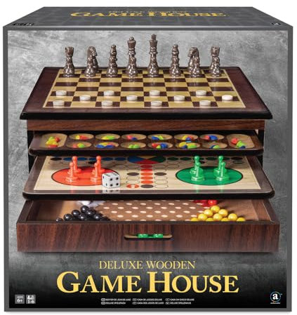 Ambassador Merchant Craftsman Deluxe Game House – Klassische Brettspiele Sammlung – 10 beliebte Spiele – Schach, Dame, Backgammon & Tic-Tac-Toe