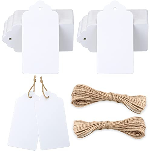 G2PLUS 100PCS Étiquettes Kraft 5X10CM - Étiquettes Cadeaux Blanc Avec 20M de Ficelle de Jute pour Bricolage Emballage Cadeau de Noël,Mariage,Fête,Artisanat