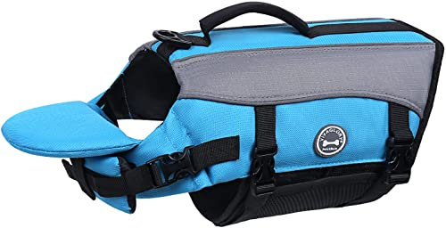 VIVAGLORY Front Float Schwimmweste Hund, Hundeschwimmweste für Bootfahren, Schwimmweste with Kopfstütze, Auftrieb & Schwimmhilfe, M, Blau