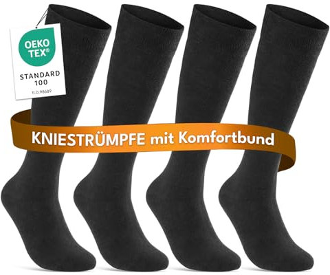 sockenkauf24 Kniestrümpfe Herren Damen 39-42 Schwarz Baumwolle mit Komfortbund 22105 WP (4 Paar 39-42)