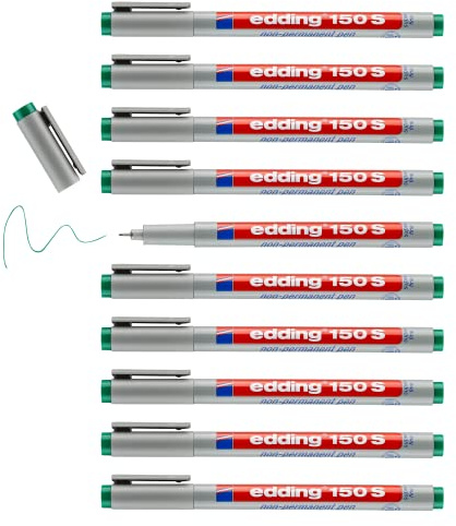 edding 150 S stylo non-permanent - vert - 10 stylos - plume ronde 0,3 mm - stylo pour écrire sur le verre, le plastique, les films et les surfaces lisses - séchage rapide, peut être corrigé à l'eau