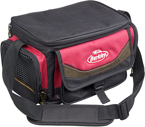 Berkley System - Borsa da pesca a tracolla, con 4 scatole, perfetta per attrezzature, esche e conservare il pranzo, Unisex - Adulto, Borsa con 4 scatole e scomparto superiore refrigerante., 648-1345043, rosso/nero., M