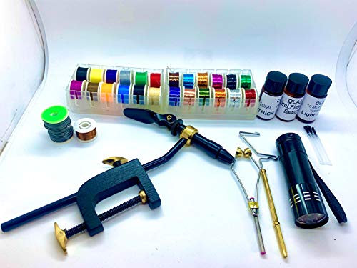 Olax Fliegenbinden Schraubstock Kit mit Tinsel, Faden, Kleber, Taschenlampe