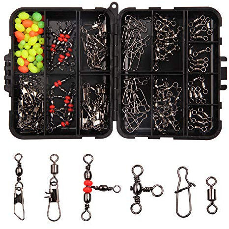 140pcs/box Fishing Swivel Snaps Kit Include Ball Bearing Swivel Snap Barrel 3 Way Triple Swivel Connector Clips Fishing Beads Fishing Accessories Set
