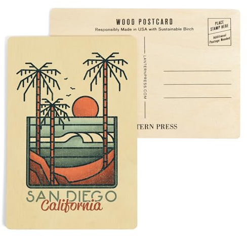 San Diego, California, Palm Trees and Beach Scene, Block Lines (4x6 Birch Wood Postcards, 2-Pack Stationary, Rustic Home Wall Decor)