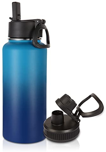 Volhoply 1000ml Trinkflasche Edelstahl, 1 Liter vakuumisolierte doppelwandige Thermosflasche mit Strohhalm und Griff, inkl. 2 Deckeln, BPA-frei Isolierflasche für Outdoor Sport(Grün-Blau,1er-Set)
