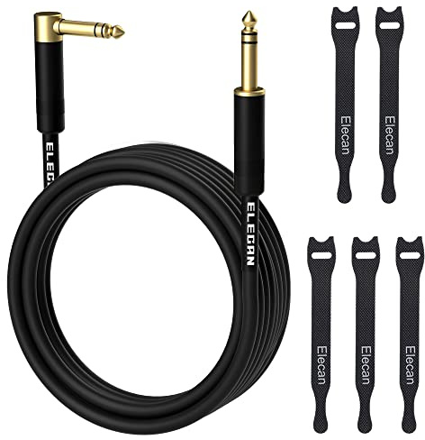 Elecan 1/4 Inch TRS Instrument Cable 100 Ft- Right Angle to Straight 6.35mm Male Jack Stereo Audio Interconnect Cord- Gold Plated- 90 Degree 6.35 mm Balanced Line for Electric Guitar Bass+ 5 Ties