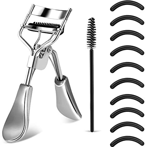 WLLHYF Kit di piegaciglia professionale in metallo strumento per il trucco con pettine integrato con 10 cuscinetti di ricambio per donne e ragazze ottenere ciglia curve drammatiche (argento)