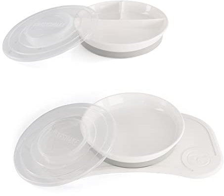 Twistshake Babygeschirr-Set Mini + Geteilter Teller | Baby-Saugnapfplatte + Baby-Tischset (31 x 17 cm) + geteilter Teller | BPA-frei | Trainingsplatte | Weiß