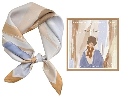 GIMIRO Schal aus imitierter Seide [53 x 53cm] Quadratische Schals Seidenschal Weiß-Rosegold-Blau Modernes Design Elegantes Muster(Khaki-Mysterious Lady)