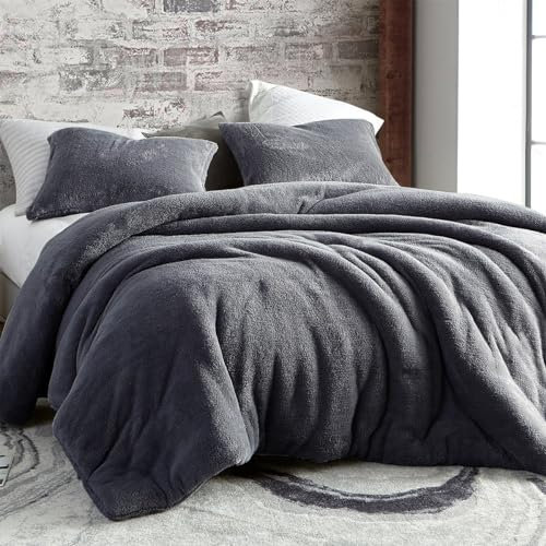 Nyescasa Plüsch Bettwäsche 135x200 4teilig Winter Warme Flauschig Teddy Fleece Winterbettwäsche Set Grau Anthrazit Cashmere Touch Kuschel Bettbezug mit Reißverschluss und 2 Kissenbezug 80x80cm