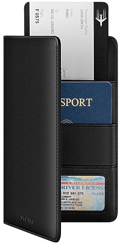 VULKIT Porte Passeport Portefeuille de Voyage, Porte Passeport en Cuir Couverture RFID Bloquant l'organisateur de Documents de Voyage pour Femmes Hommes, Cuir Pleine Fleur Véritable - Noir