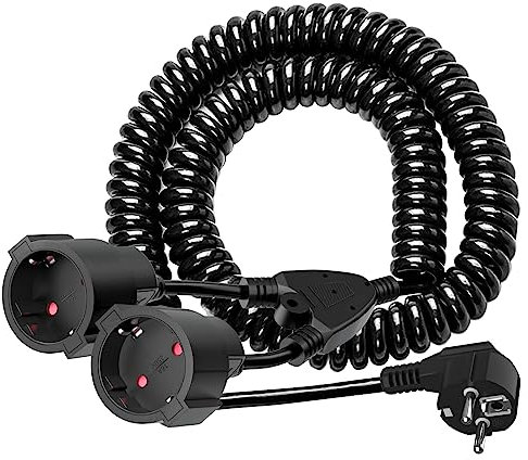 Verlängerungskabel, Schuko Verlängerungskabel,1 bis 2 Schutzkontakt Spiralkabel Dehnbar von 5M Max,Verlängerungsleitung mit 2 Fach Steckdosen,Schwarz