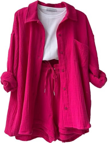 Damen Zweiteiler Elegant Sommer Anzug Kleidung Streatwear Trainingsanzüge Für Damen Summer Jogger Set Damen Kurze Damen Kleidung Elegant Yoga Sommer Outfit Damen Hausanzug Damen Elegant(1-Hot Pink,S)